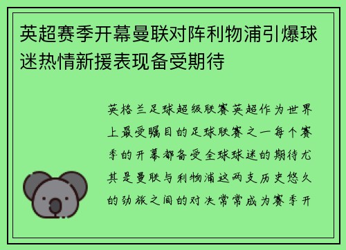 英超赛季开幕曼联对阵利物浦引爆球迷热情新援表现备受期待