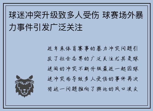 球迷冲突升级致多人受伤 球赛场外暴力事件引发广泛关注
