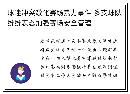 球迷冲突激化赛场暴力事件 多支球队纷纷表态加强赛场安全管理